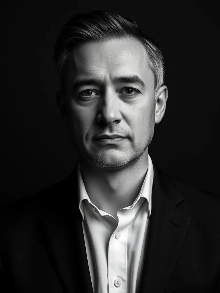 A professional black and white studio portrait of a senior f